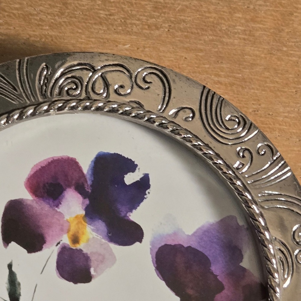 Round Silver Ornate Scrollwork Floral Photo Frame Tabletop Pansy watercolor 4" - Picture 4 of 6